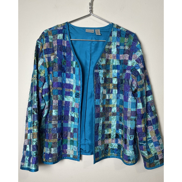 Chico's Silk Blend Patchwork Jacket Size 2 Large Artsy Eclectic Craft Quilted - Picture 1 of 9